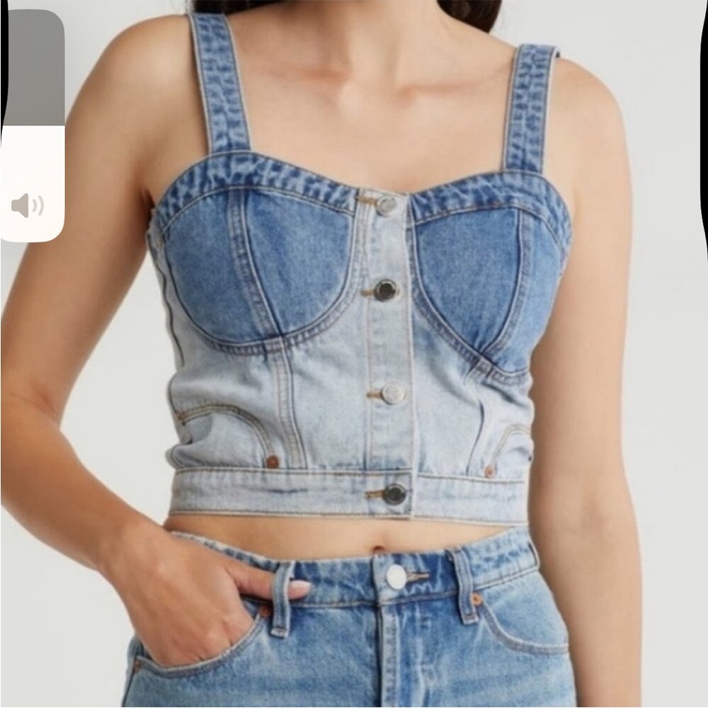 Denim Button-Front Corset Crop Top - Light Blue